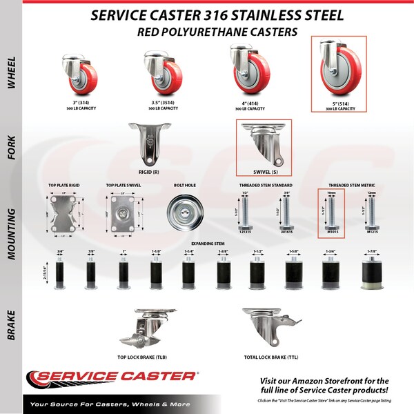 Service Caster 5 Inch 316SS Red Polyurethane Swivel 10mm Threaded Stem Caster Brake, 2PK SS316TS20S514-PPUB-RED-M1015-2-TLB-2 - main